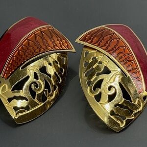 Vintage Edgar Berberi Chic Pink and Gold Leaf Pierced Earrings - Circa 1983 - 84